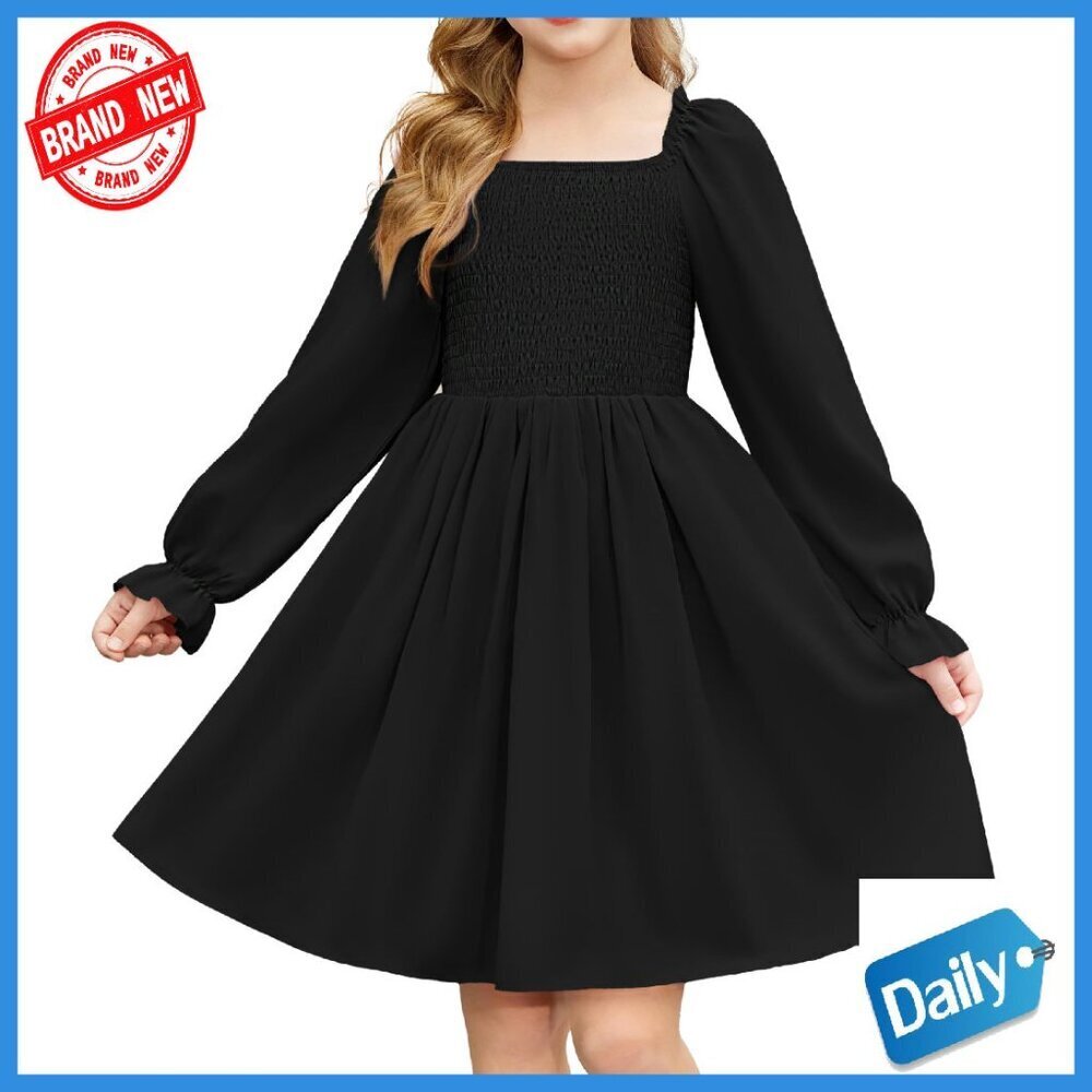 Girls Long Sleeve Smocked Skater Dress with Pockets, Knee Length